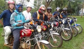 motorcycle taxi bodaboda on african street, side view, professional photo